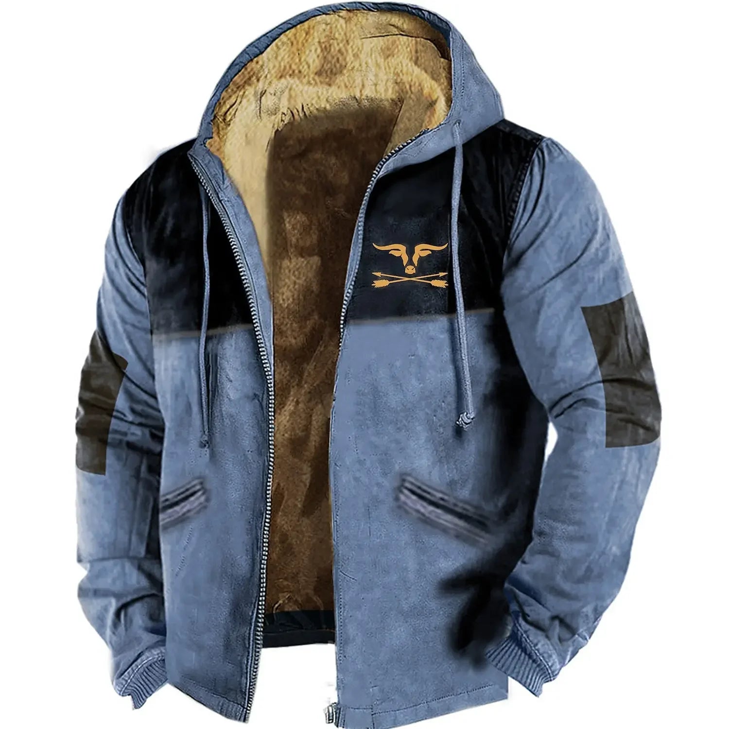 Men's Zipper Hoodies Bison Pattern Print Casual Winter Clothing Long Sleeve Sweatshirt Casual Hooded Jacket Outerwear