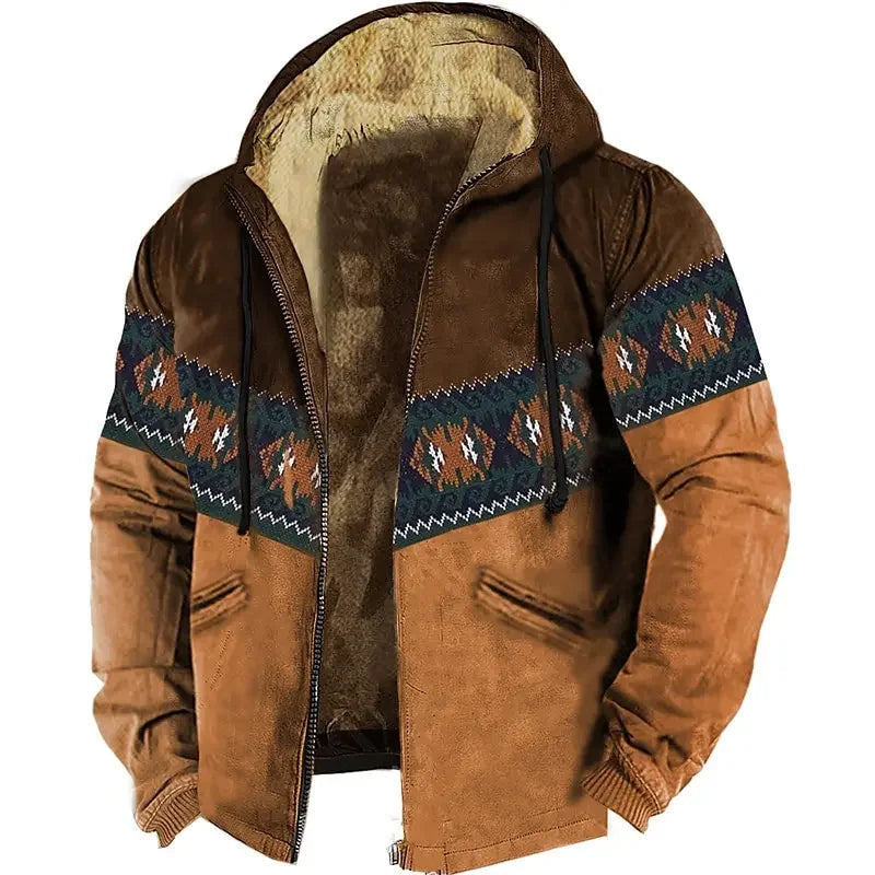 Men's Zipper Hoodies Bison Pattern Print Casual Winter Clothing Long Sleeve Sweatshirt Casual Hooded Jacket Outerwear
