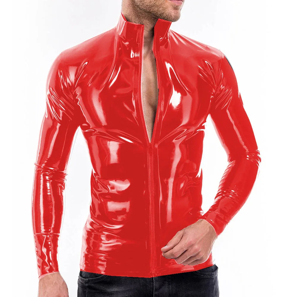 Mens Vinyl PVC Leather Full Zipper Stand Collar Shirts Bodycon Sexy Long Sleeve Male Blouse Shiny Club Slim Tops Streetwear 7XL