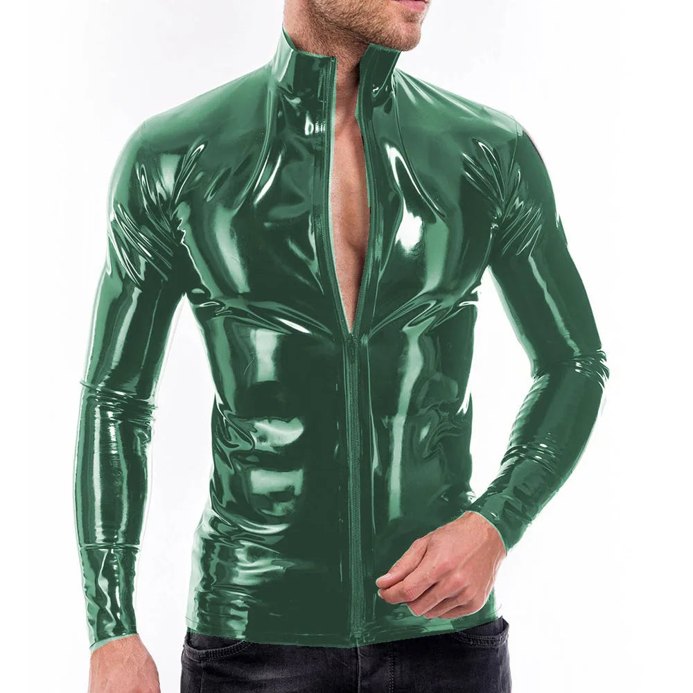 Mens Vinyl PVC Leather Full Zipper Stand Collar Shirts Bodycon Sexy Long Sleeve Male Blouse Shiny Club Slim Tops Streetwear 7XL