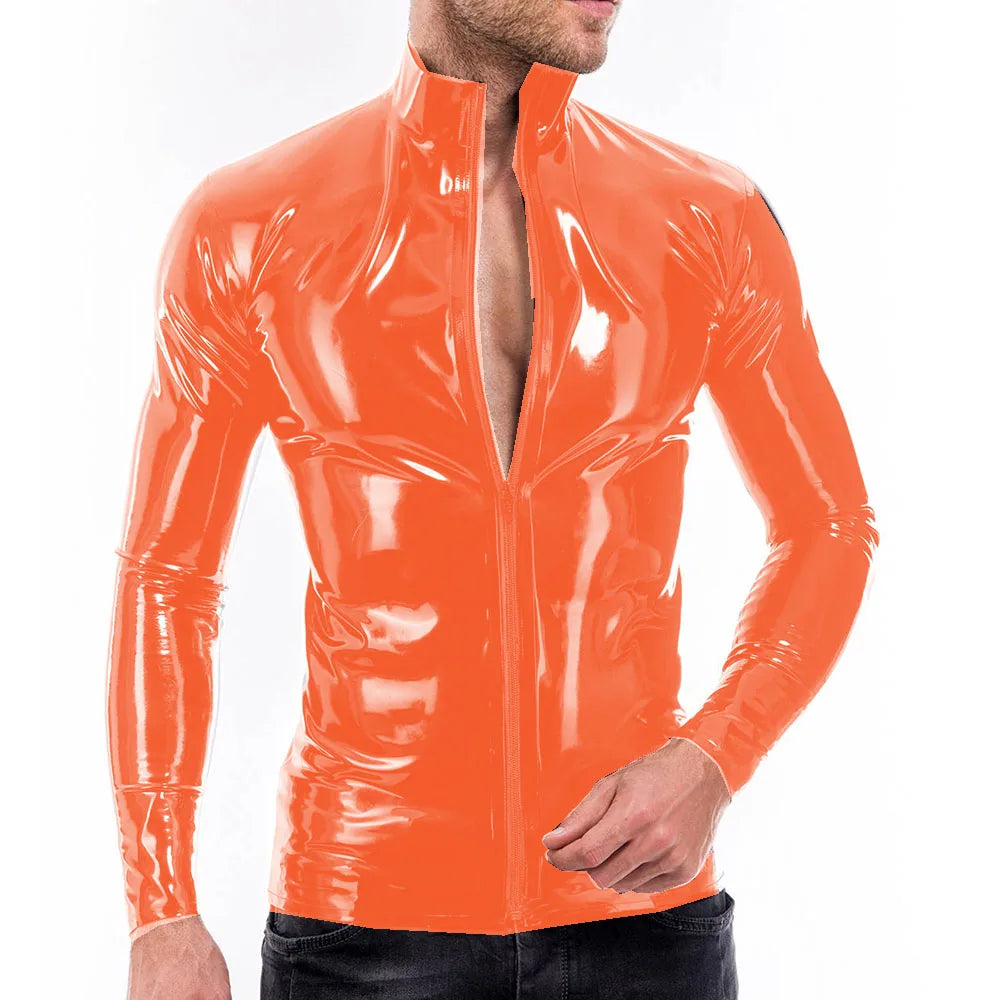 Mens Vinyl PVC Leather Full Zipper Stand Collar Shirts Bodycon Sexy Long Sleeve Male Blouse Shiny Club Slim Tops Streetwear 7XL