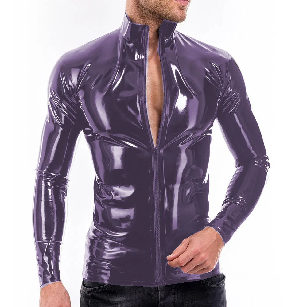 Mens Vinyl PVC Leather Full Zipper Stand Collar Shirts Bodycon Sexy Long Sleeve Male Blouse Shiny Club Slim Tops Streetwear 7XL