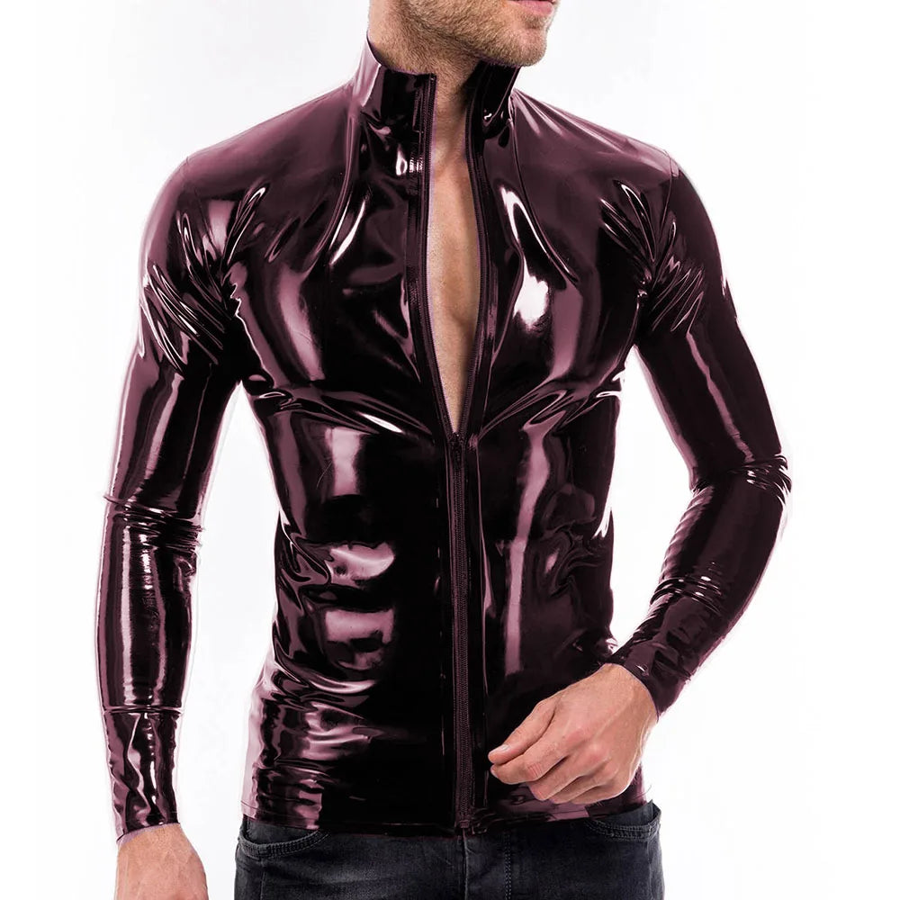 Mens Vinyl PVC Leather Full Zipper Stand Collar Shirts Bodycon Sexy Long Sleeve Male Blouse Shiny Club Slim Tops Streetwear 7XL