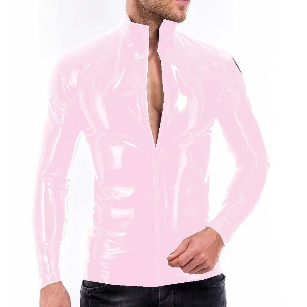 Mens Vinyl PVC Leather Full Zipper Stand Collar Shirts Bodycon Sexy Long Sleeve Male Blouse Shiny Club Slim Tops Streetwear 7XL