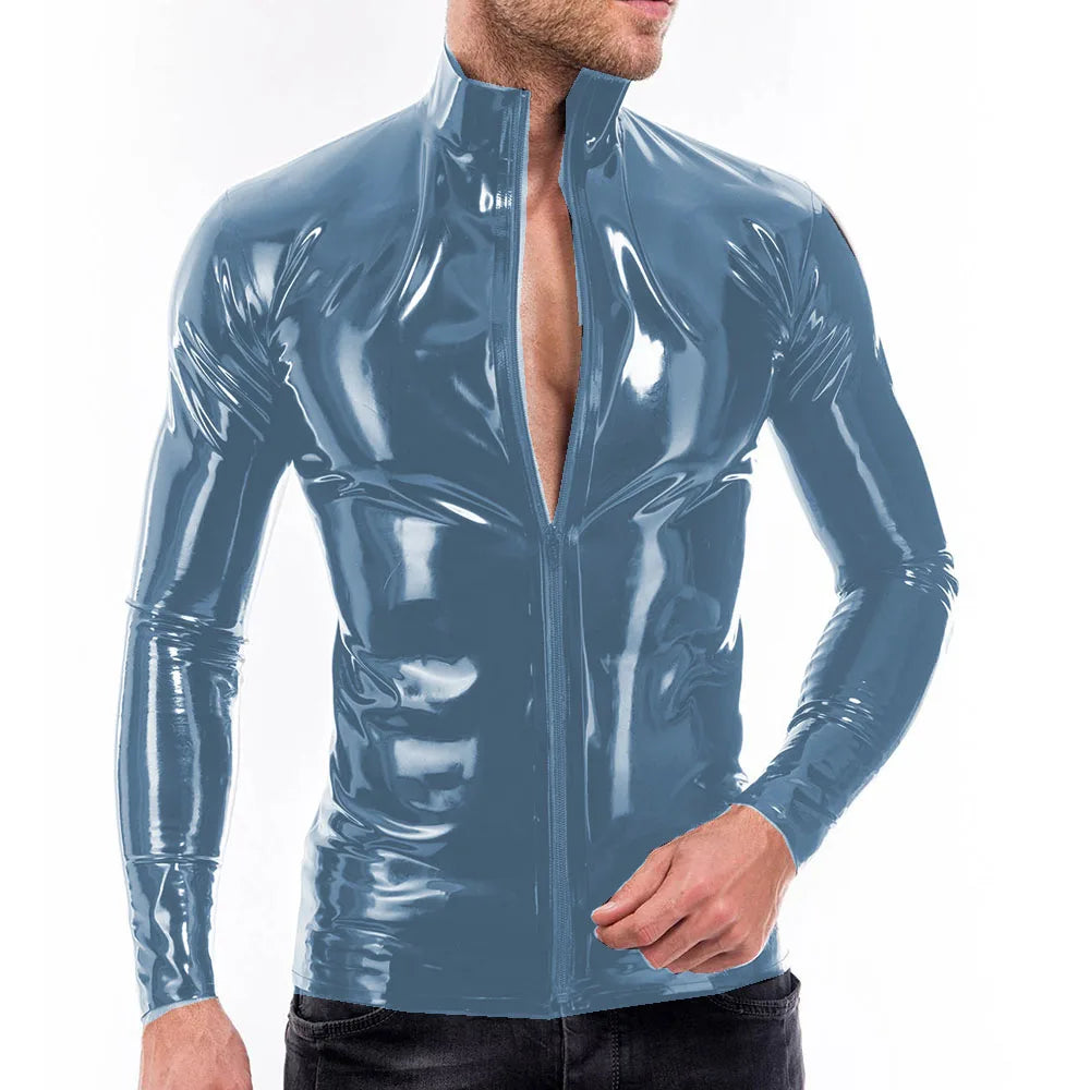 Mens Vinyl PVC Leather Full Zipper Stand Collar Shirts Bodycon Sexy Long Sleeve Male Blouse Shiny Club Slim Tops Streetwear 7XL