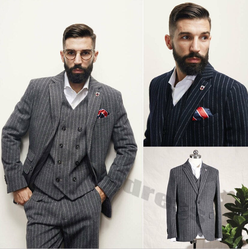 Mens Wool Pinstriped 3 Piece Suits Black Gray Tweed Vintage Striped Notch Lapel Two ButtonTuxedos Slim Blazer Tuxedo