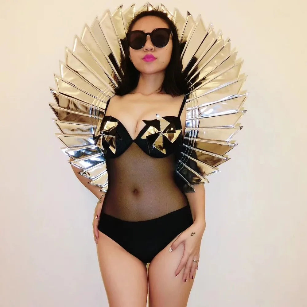 Model Catwalk Show Prop Costume Black Silver Red Wing Backplane Accessories Nightclub Women Singer Dancer Performance Stage Wear