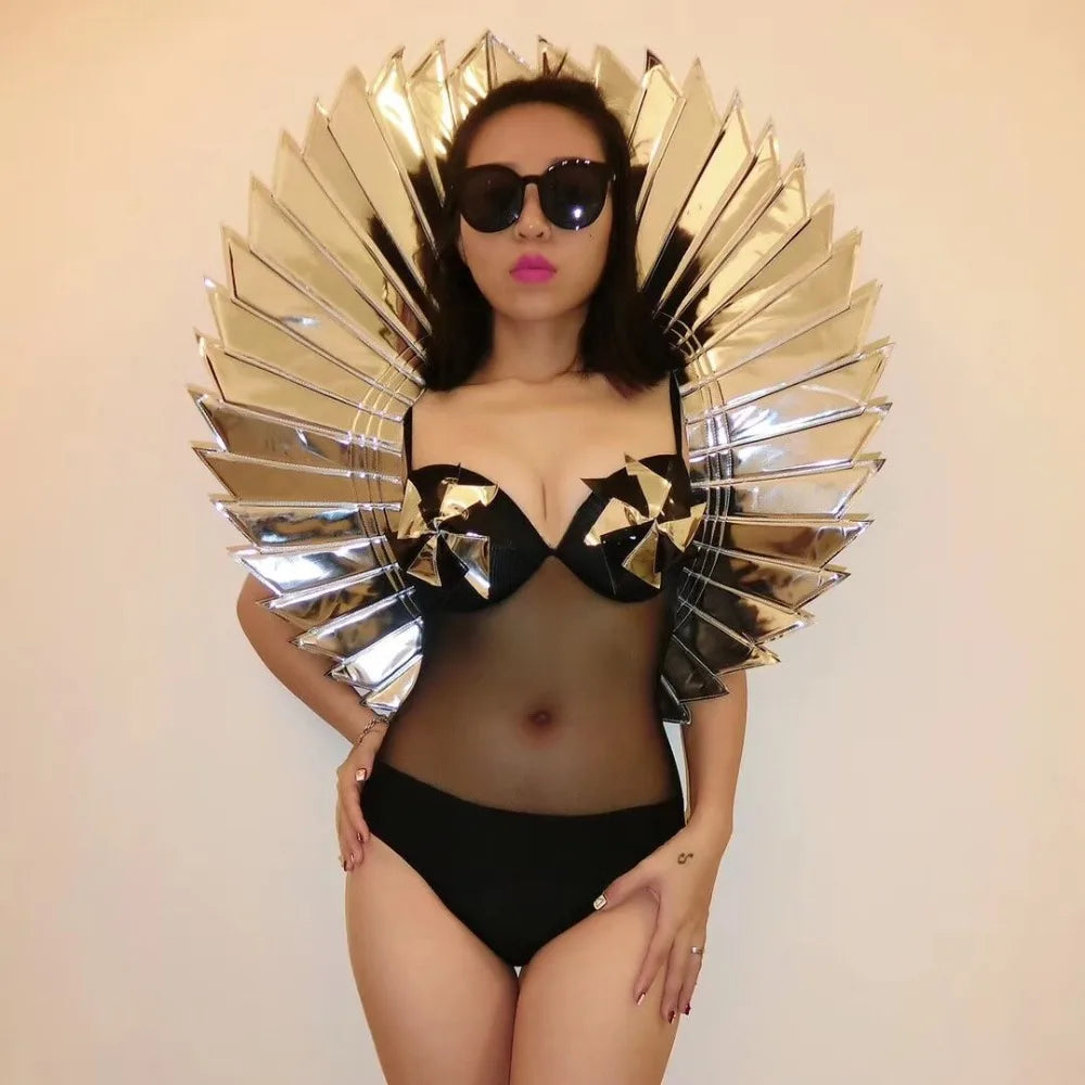 Model Catwalk Show Prop Costume Black Silver Red Wing Backplane Accessories Nightclub Women Singer Dancer Performance Stage Wear