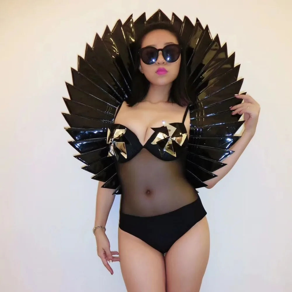 Model Catwalk Show Prop Costume Black Silver Red Wing Backplane Accessories Nightclub Women Singer Dancer Performance Stage Wear