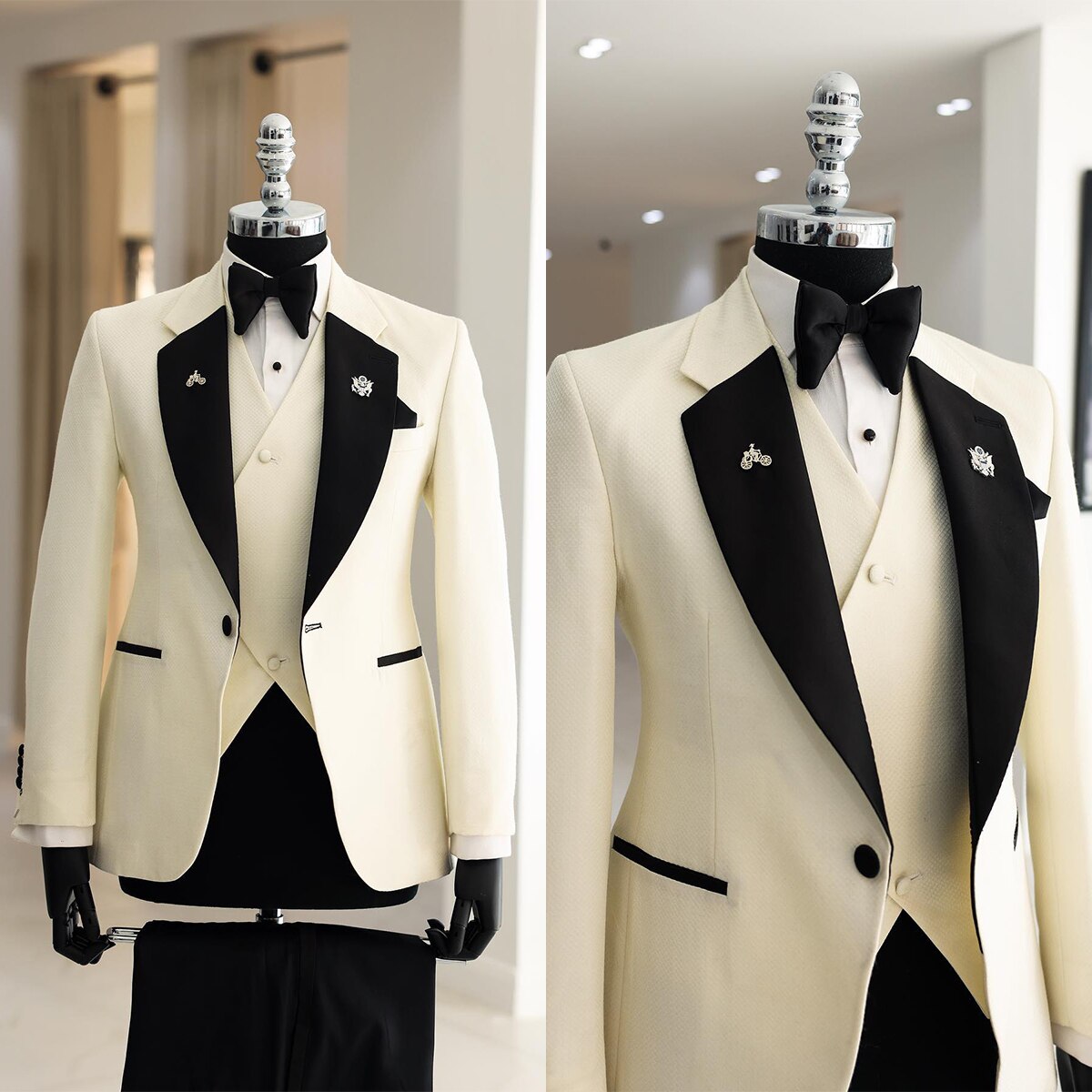 Modern Men's Suits Tailored 3 Pieces Blazer Vest Black Pants One Button Peaked Velvet Lapel Wedding Formal Custom Made Plus Size