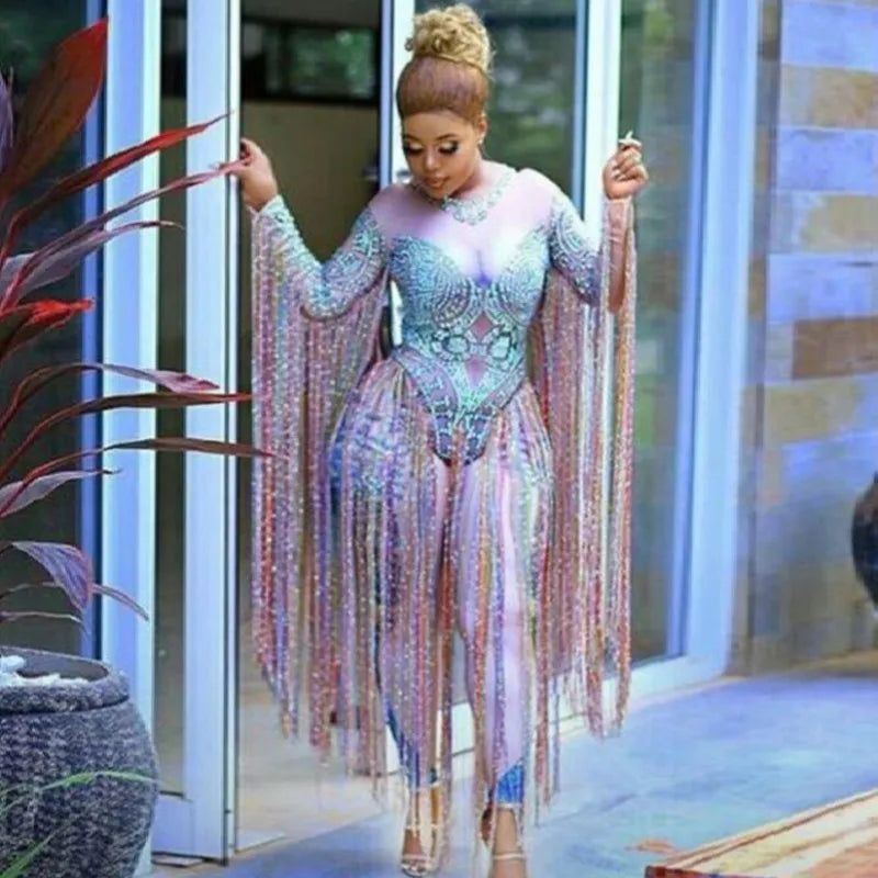 Multi-colored Tassel Rhinestones Bodysuit Glisten Crystals Jumpsuit Sexy Long Women Nightclub Outfit Singer Stage Dance Costumes
