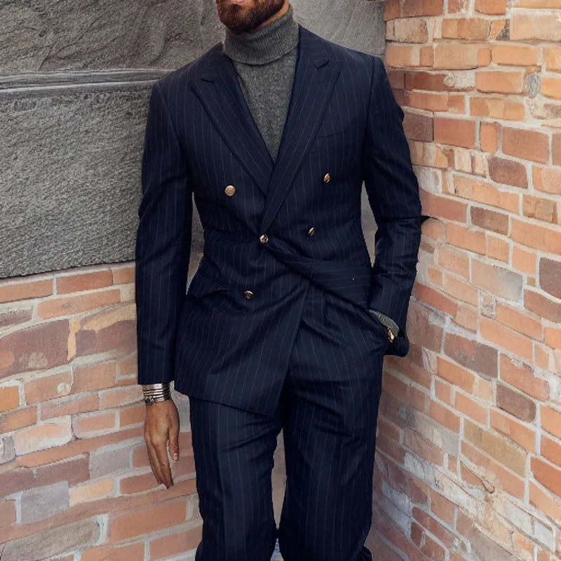 Navy Blue Stripe Business Men Suits Formal  for Wedding Tuxedo Double Breasted Groom Wear Slim Fit Fashion Costume (Jacket+Pant)