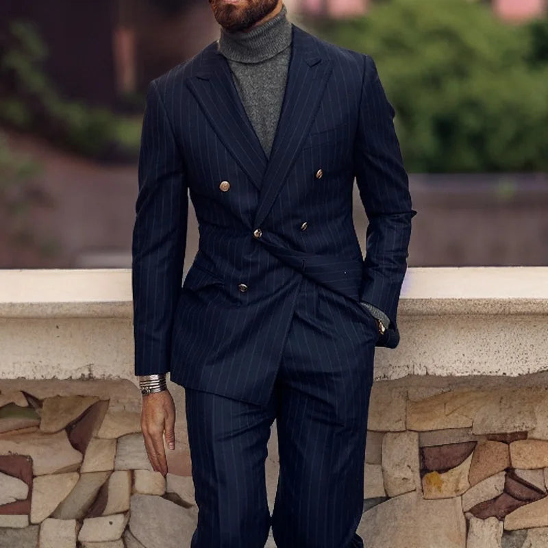 Navy Blue Stripe Business Men Suits Formal  for Wedding Tuxedo Double Breasted Groom Wear Slim Fit Fashion Costume (Jacket+Pant)