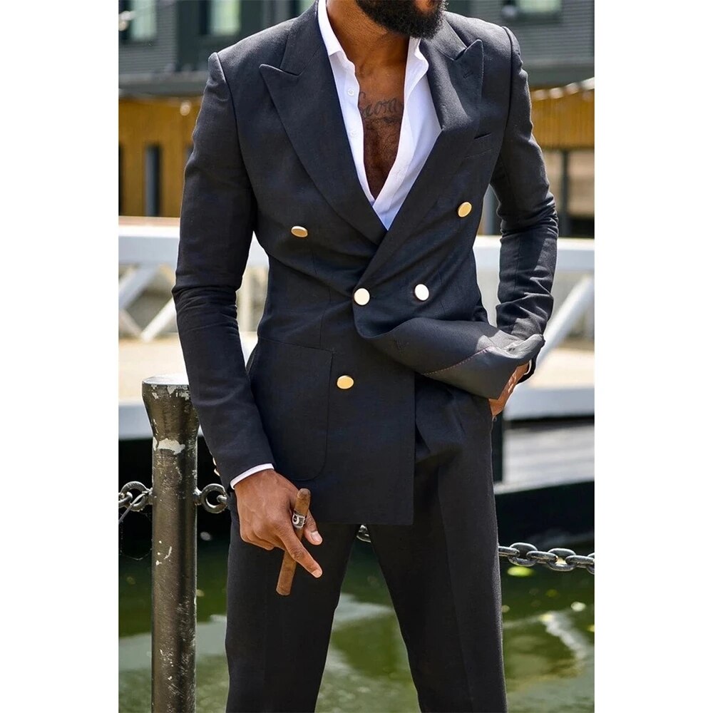 2 Piece Men Suits Metal Button Formal Wedding Tuxedos Cotton Double Breasted Customized Lapel Party Suit Coat+Pants