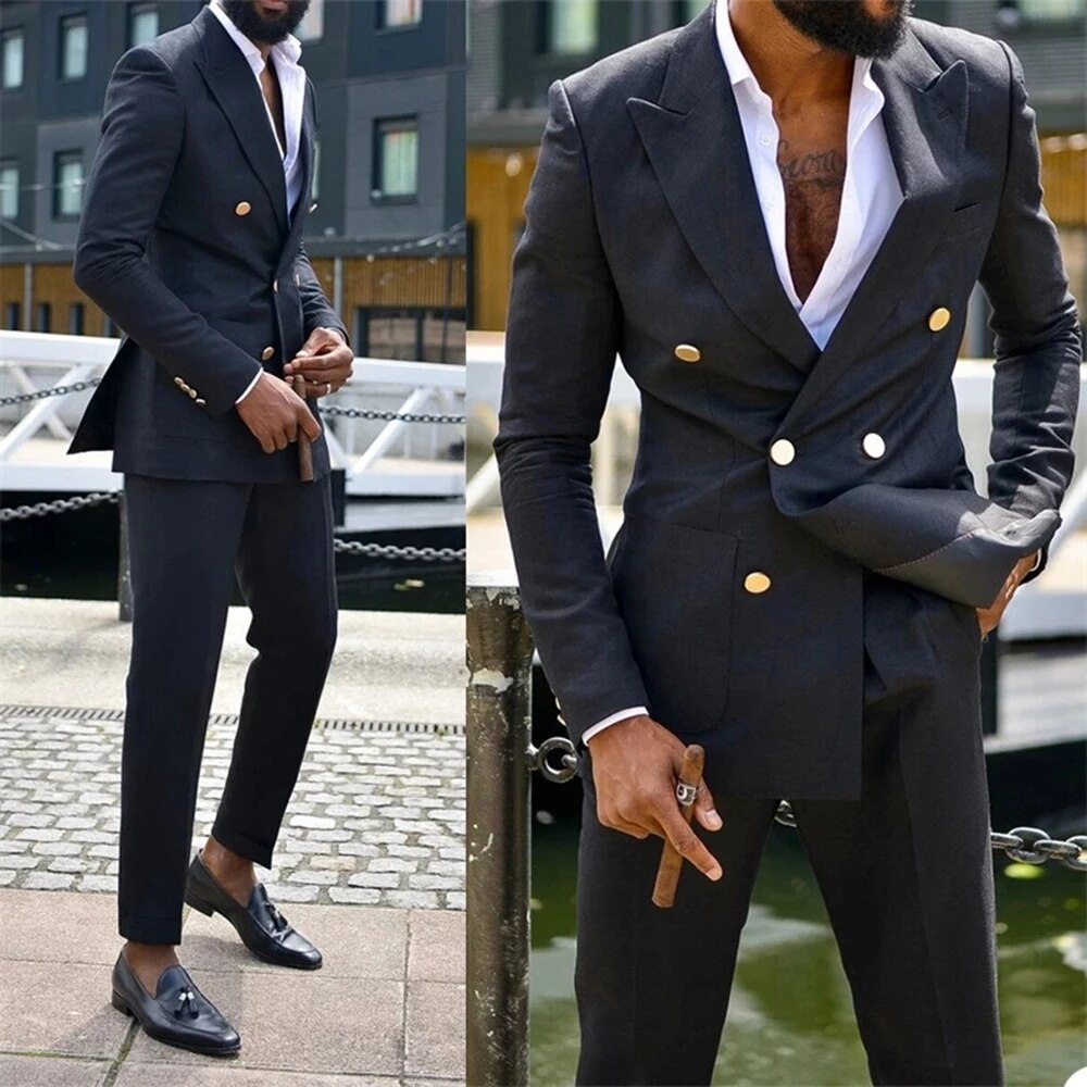 2 Piece Men Suits Metal Button Formal Wedding Tuxedos Cotton Double Breasted Customized Lapel Party Suit Coat+Pants