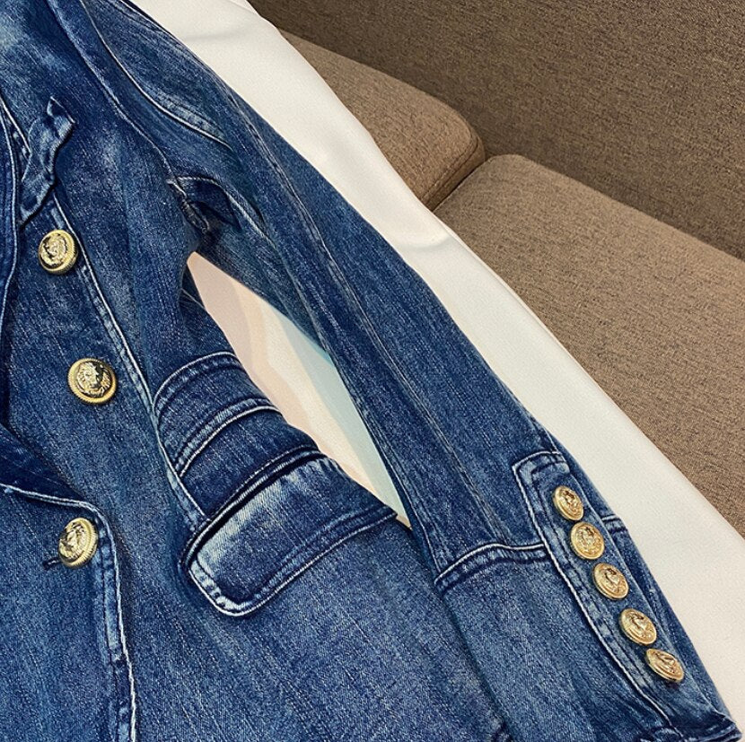 Jeans Coat Double-breasted Long Sleeve Jacket Women Fashion Streetwear Denim Blazer