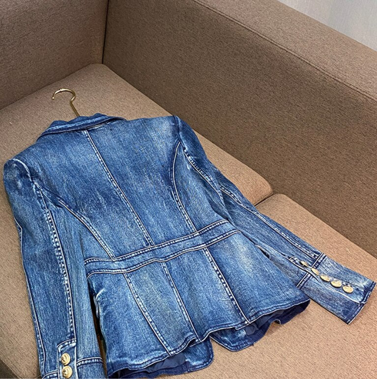 Jeans Coat Double-breasted Long Sleeve Jacket Women Fashion Streetwear Denim Blazer