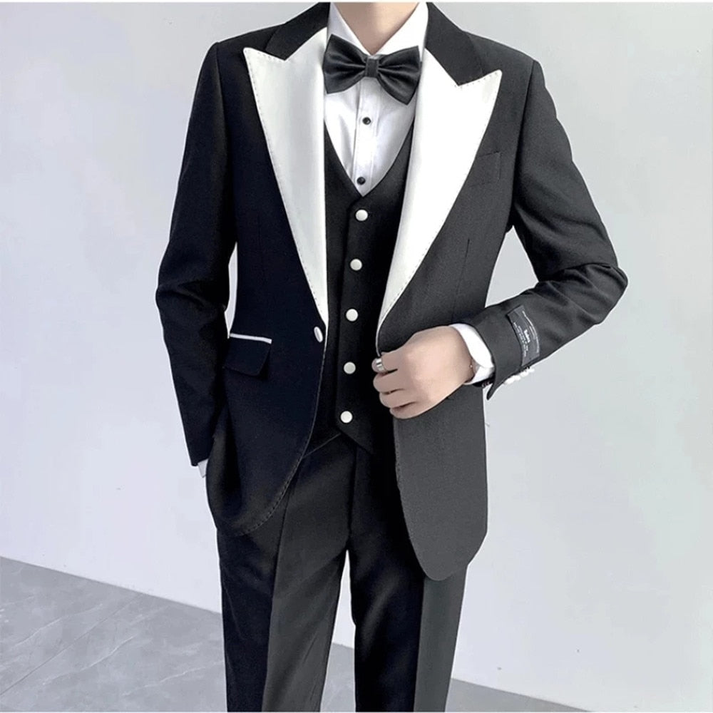 White Peaked Lapel Men Suits One Button Costume Wedding Groom Tuxedos Terno Slim Fit Prom Blazer 3 Pieces