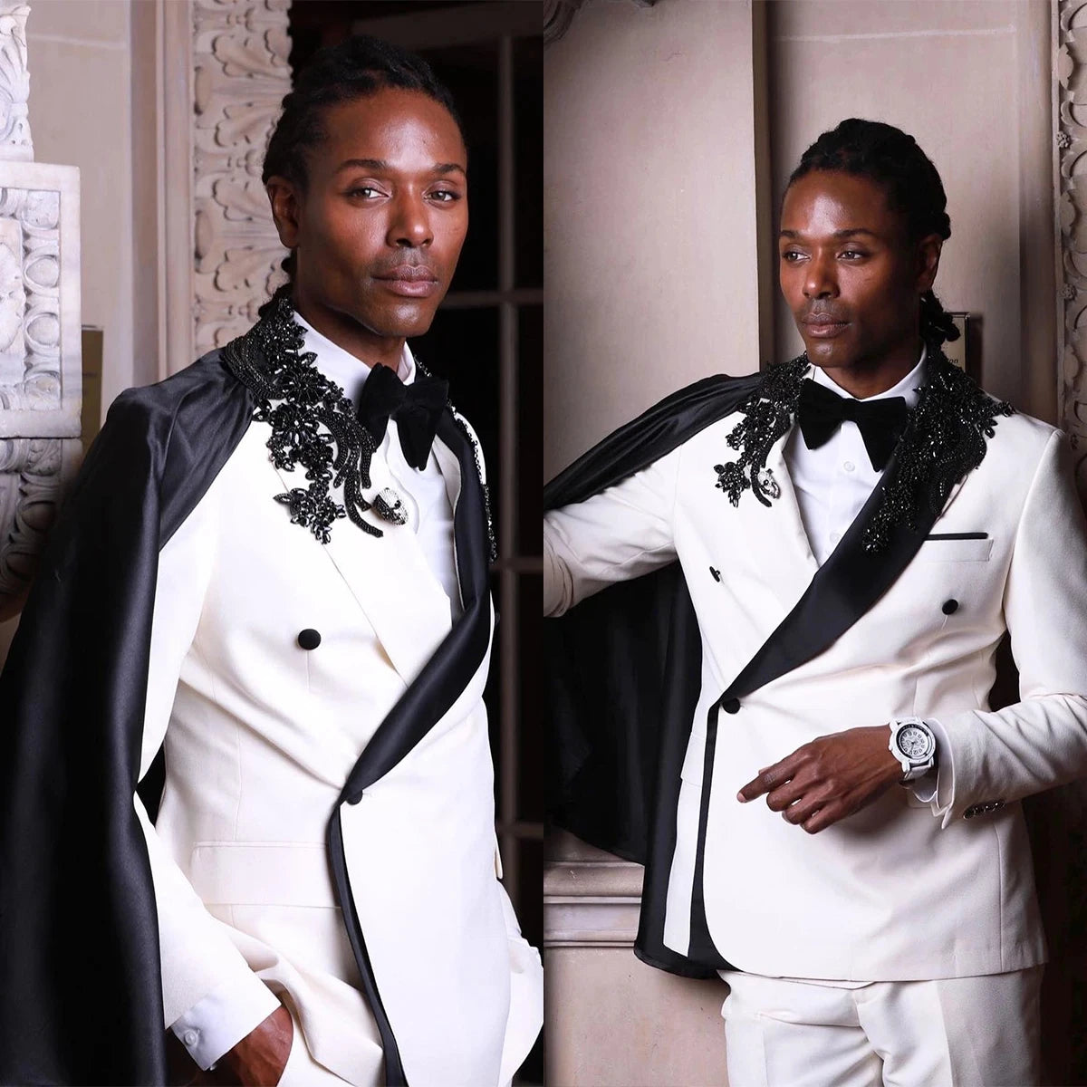 Appliques Beads 2 Pieces Blazer Pants Men Suits One Button Cape Satin Peaked Lapel Formal Wedding Groom Prom Tailored