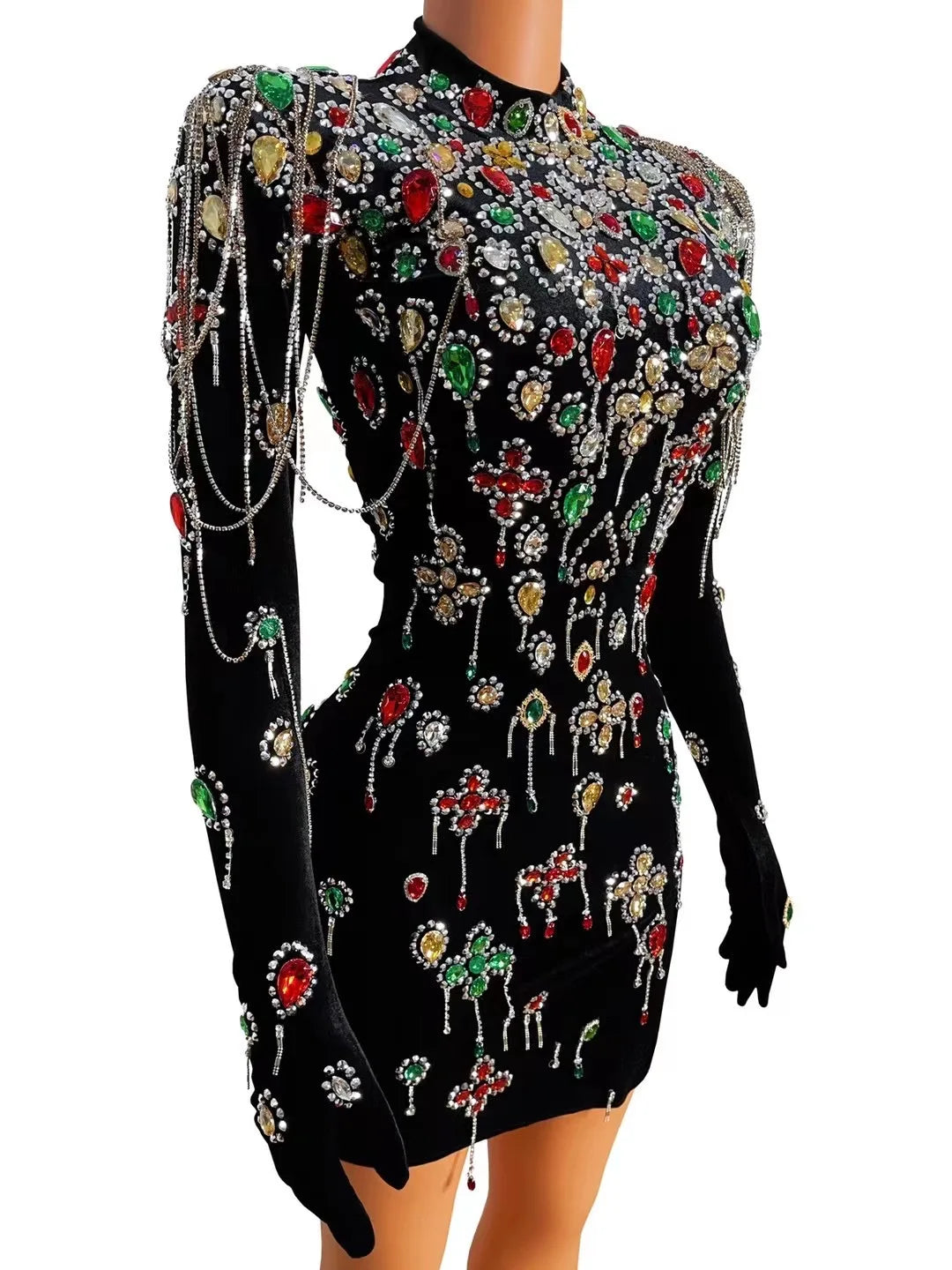 Colorful Crystals Turtleneck Black Velvet Dress Evening Sexy Chains Dance Costume Birthday Gloves Sleeves Dress
