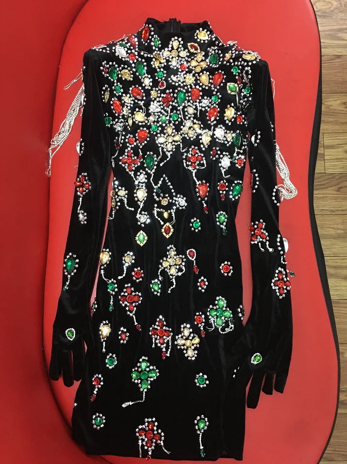Colorful Crystals Turtleneck Black Velvet Dress Evening Sexy Chains Dance Costume Birthday Gloves Sleeves Dress