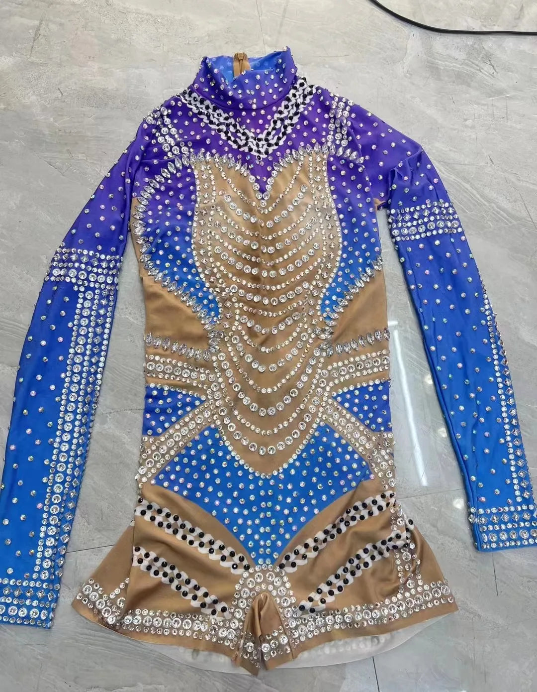 Nude Blue Stretch Rhienstones Rompers Birthday Party Bodysuit Women Singer Performance Photoshoot Jumpsuit