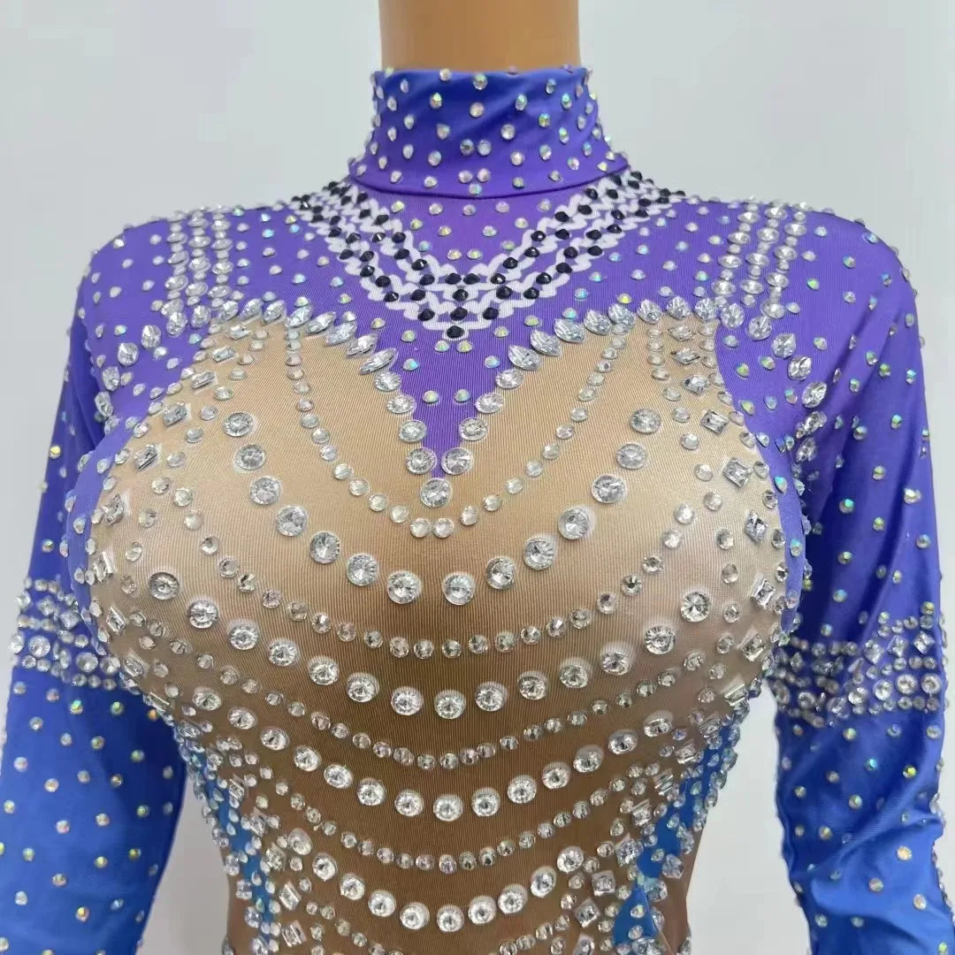 Nude Blue Stretch Rhienstones Rompers Birthday Party Bodysuit Women Singer Performance Photoshoot Jumpsuit