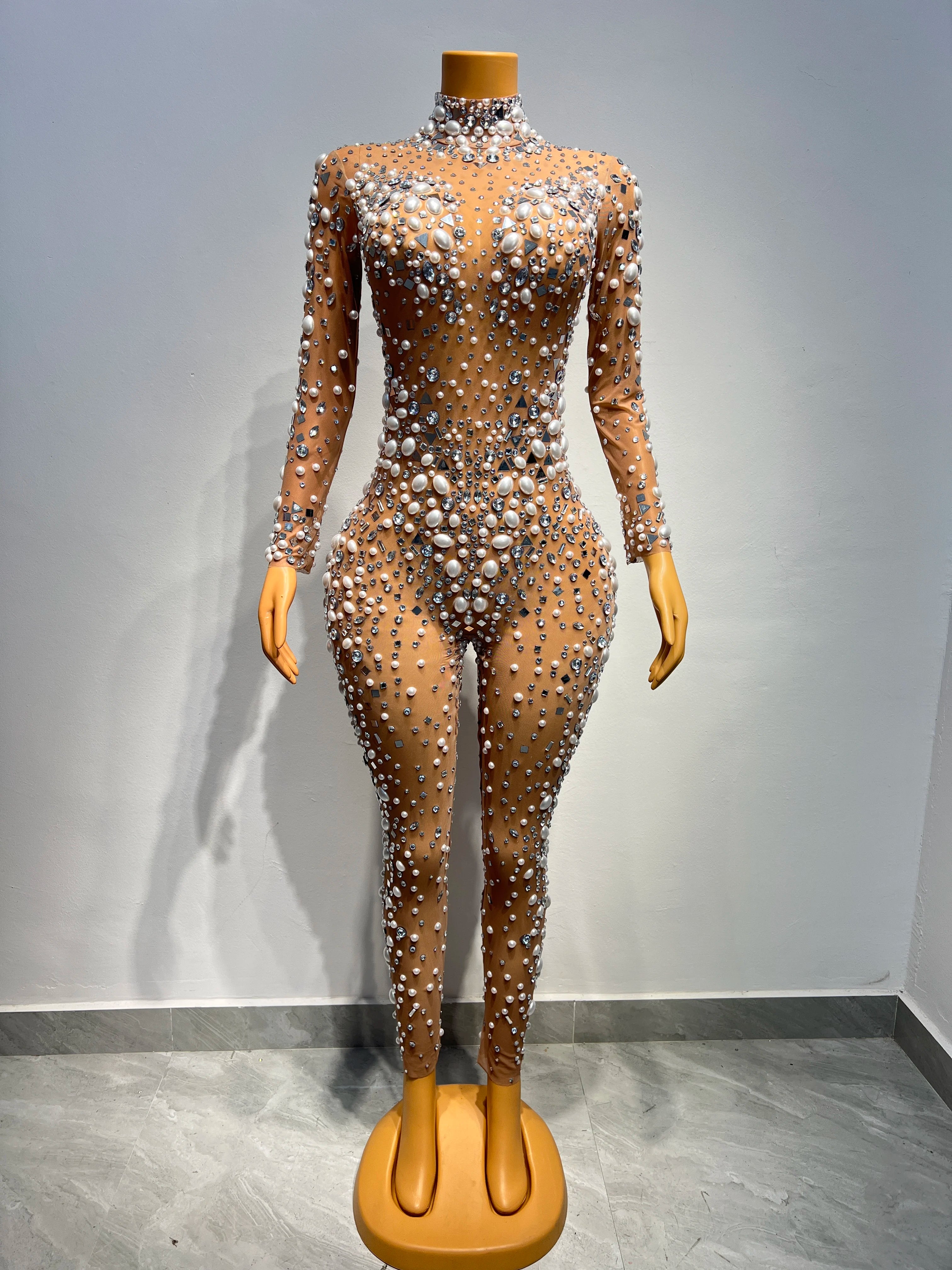 Big Pearls Rhinestones Stretch Transparent Jumpsuit Evening Birthday Celebrate Outfit Sexy Dancer Bodysuit
