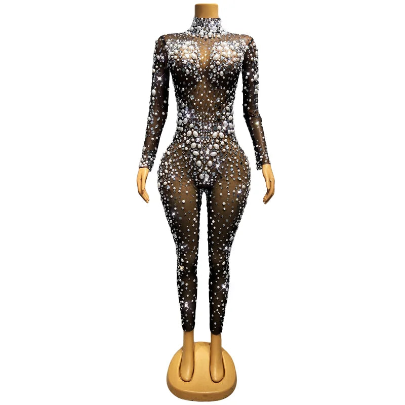 Big Pearls Rhinestones Stretch Transparent Jumpsuit Evening Birthday Celebrate Outfit Sexy Dancer Bodysuit