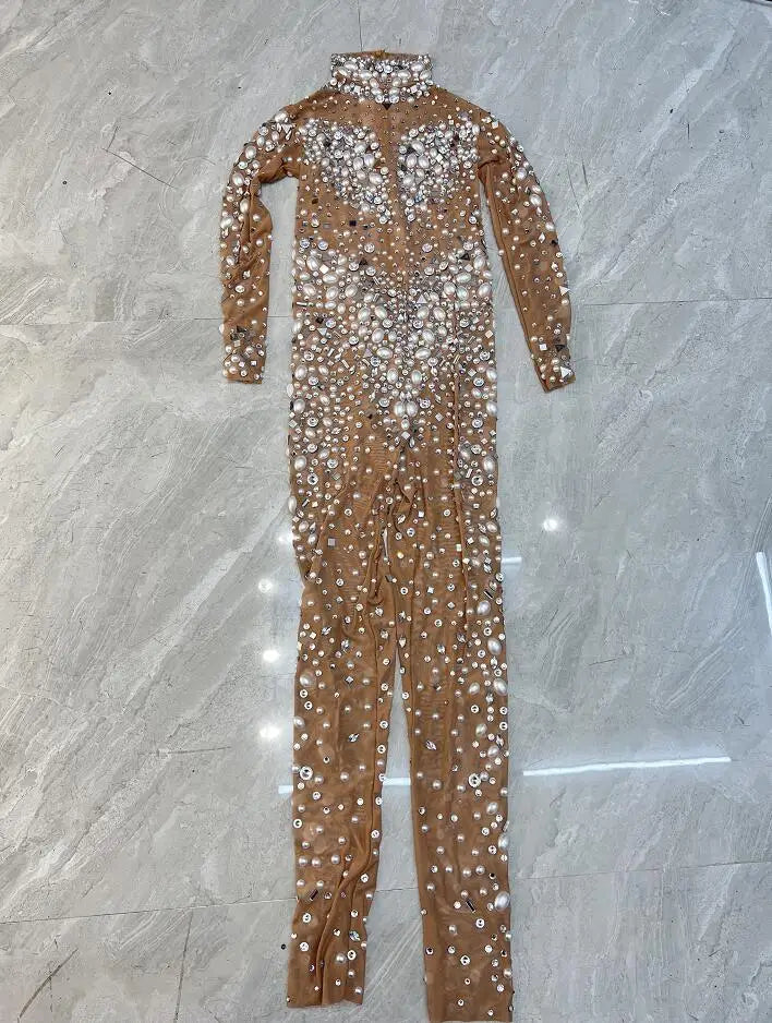 Big Pearls Rhinestones Stretch Transparent Jumpsuit Evening Birthday Celebrate Outfit Sexy Dancer Bodysuit