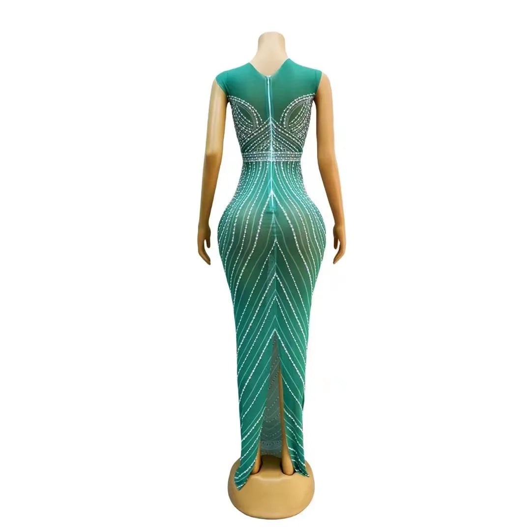 New Designed Green Mesh Pearls Sleeveless Stretch Dress Evening Birthday Celebrate Costume Prom Party Show  Photo Shoot Dress