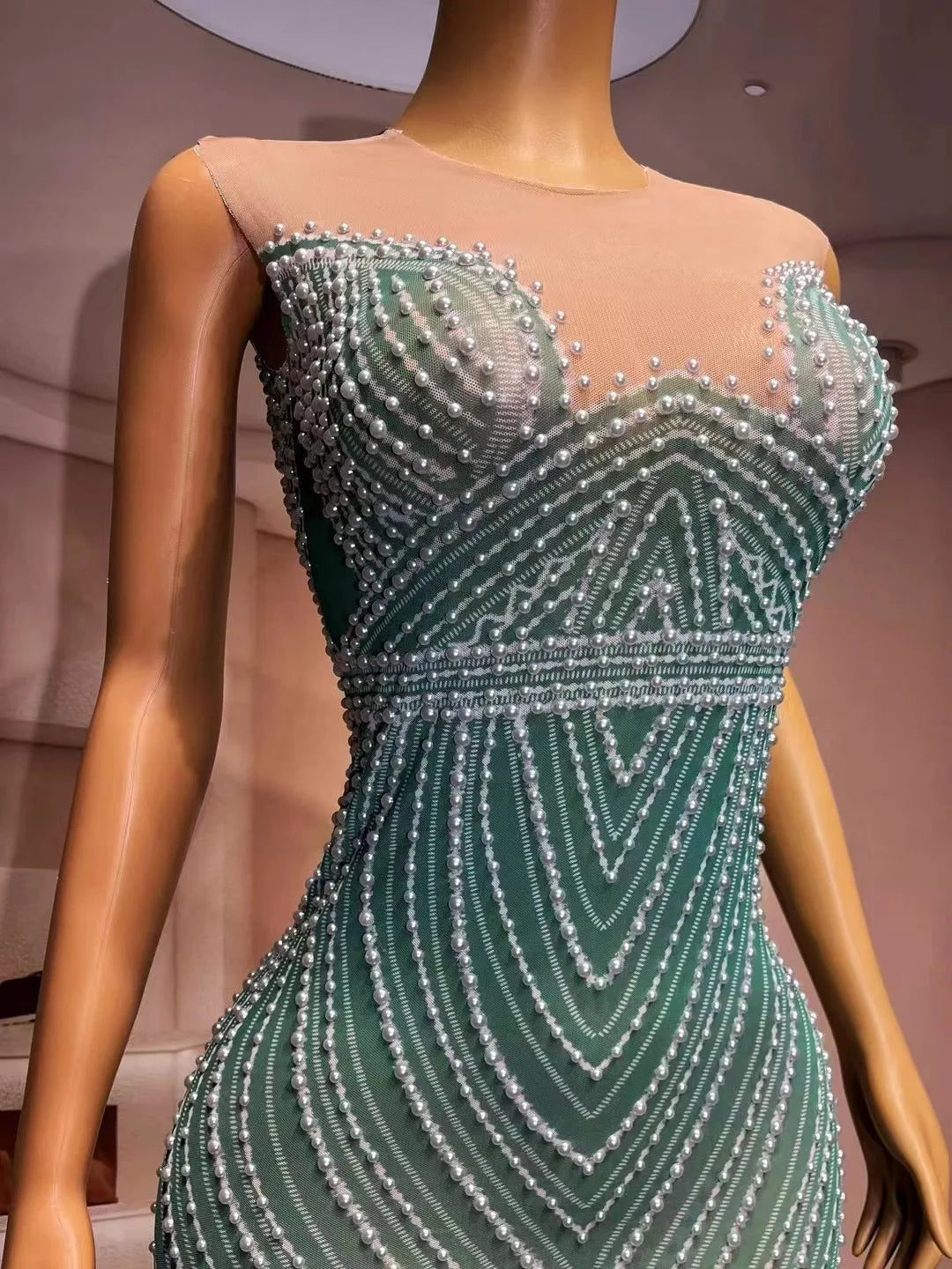 New Designed Green Mesh Pearls Sleeveless Stretch Dress Evening Birthday Celebrate Costume Prom Party Show  Photo Shoot Dress