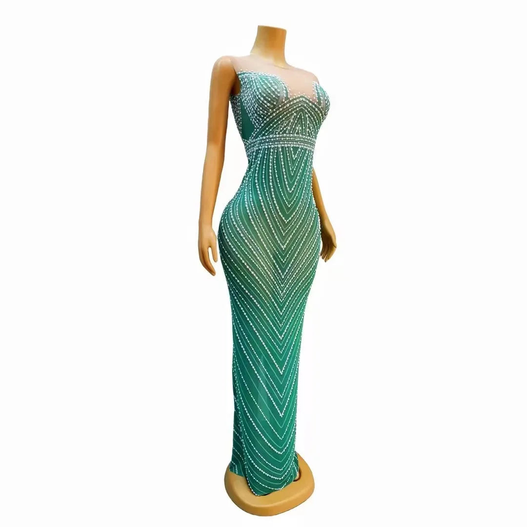 New Designed Green Mesh Pearls Sleeveless Stretch Dress Evening Birthday Celebrate Costume Prom Party Show  Photo Shoot Dress