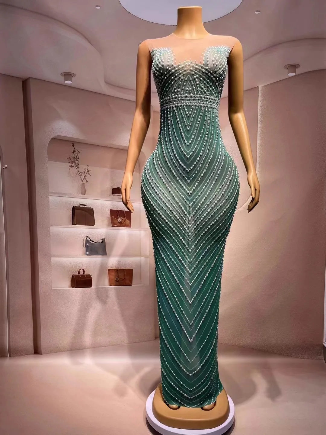 New Designed Green Mesh Pearls Sleeveless Stretch Dress Evening Birthday Celebrate Costume Prom Party Show  Photo Shoot Dress