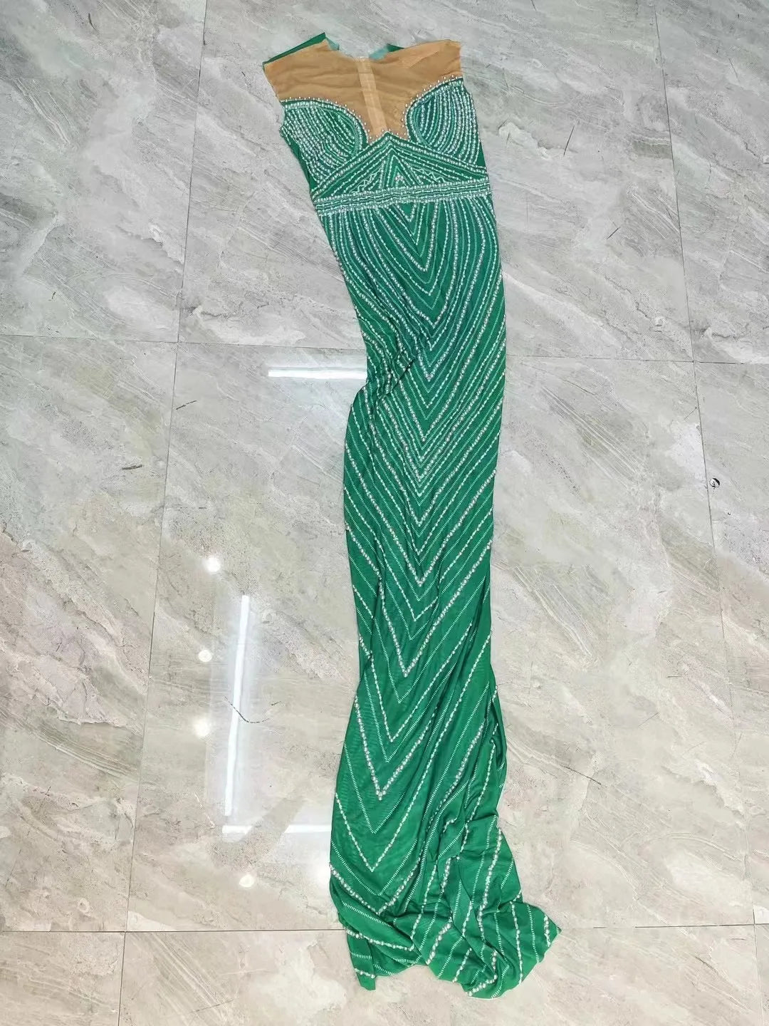 New Designed Green Mesh Pearls Sleeveless Stretch Dress Evening Birthday Celebrate Costume Prom Party Show  Photo Shoot Dress