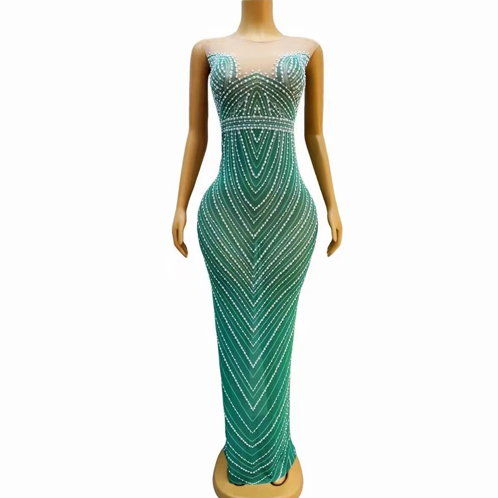 New Designed Green Mesh Pearls Sleeveless Stretch Dress Evening Birthday Celebrate Costume Prom Party Show  Photo Shoot Dress