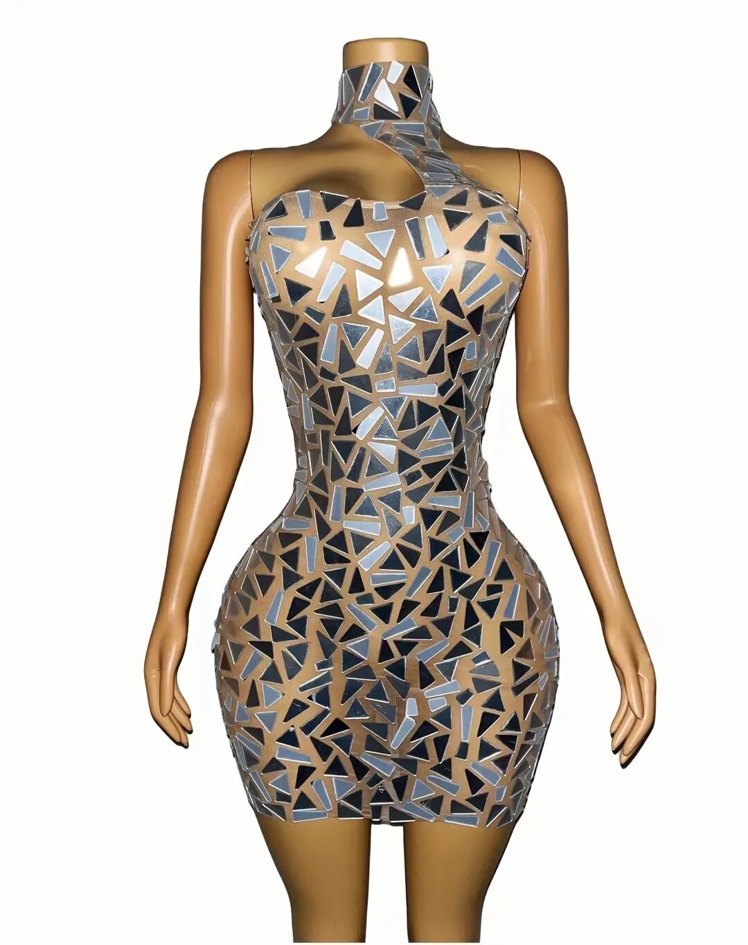 New Designed Shining Silver Mirrors SleevelessBirthday Celebrate Transparent Mlni Dress SexyStretch Costume Outfit Prom Quabo