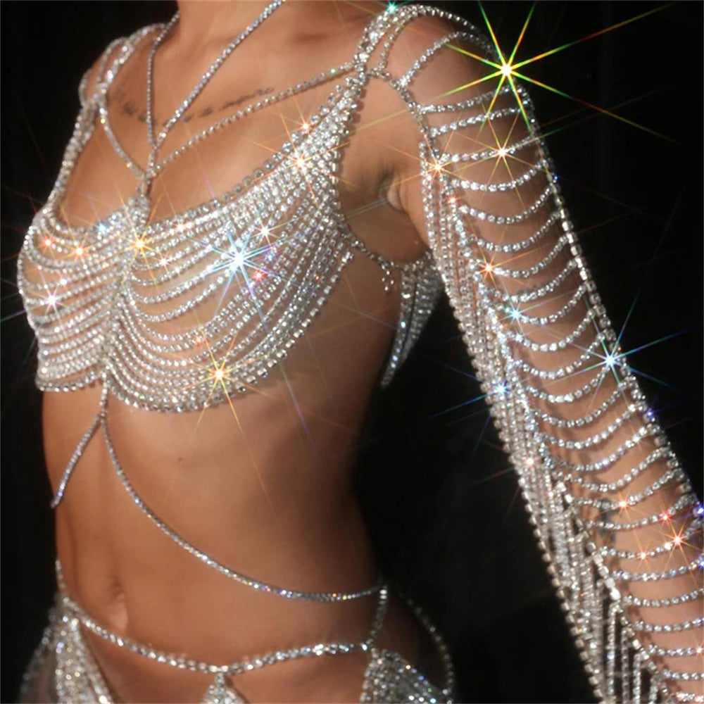 Shining Crystal Top Jewelry Luxury Evening Party Rhinestone Top Chest Chain Jewelry Wearing Body Accessories