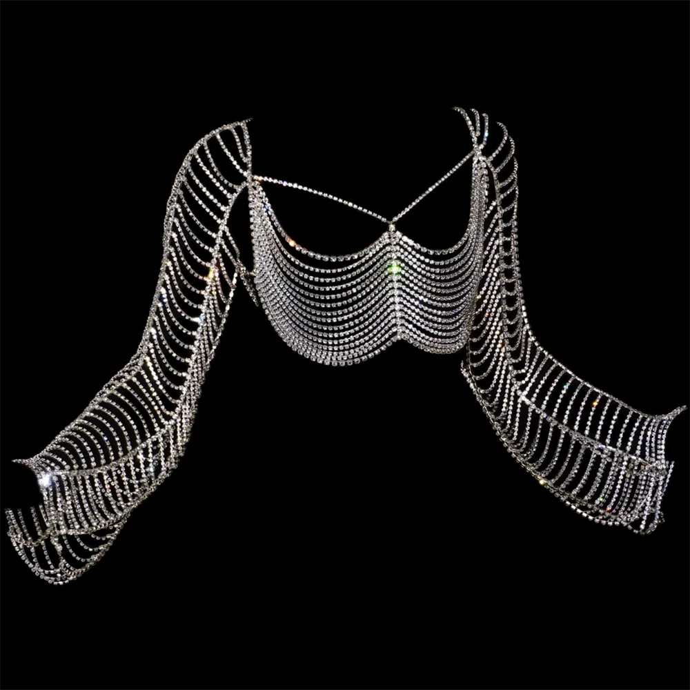 Shining Crystal Top Jewelry Luxury Evening Party Rhinestone Top Chest Chain Jewelry Wearing Body Accessories