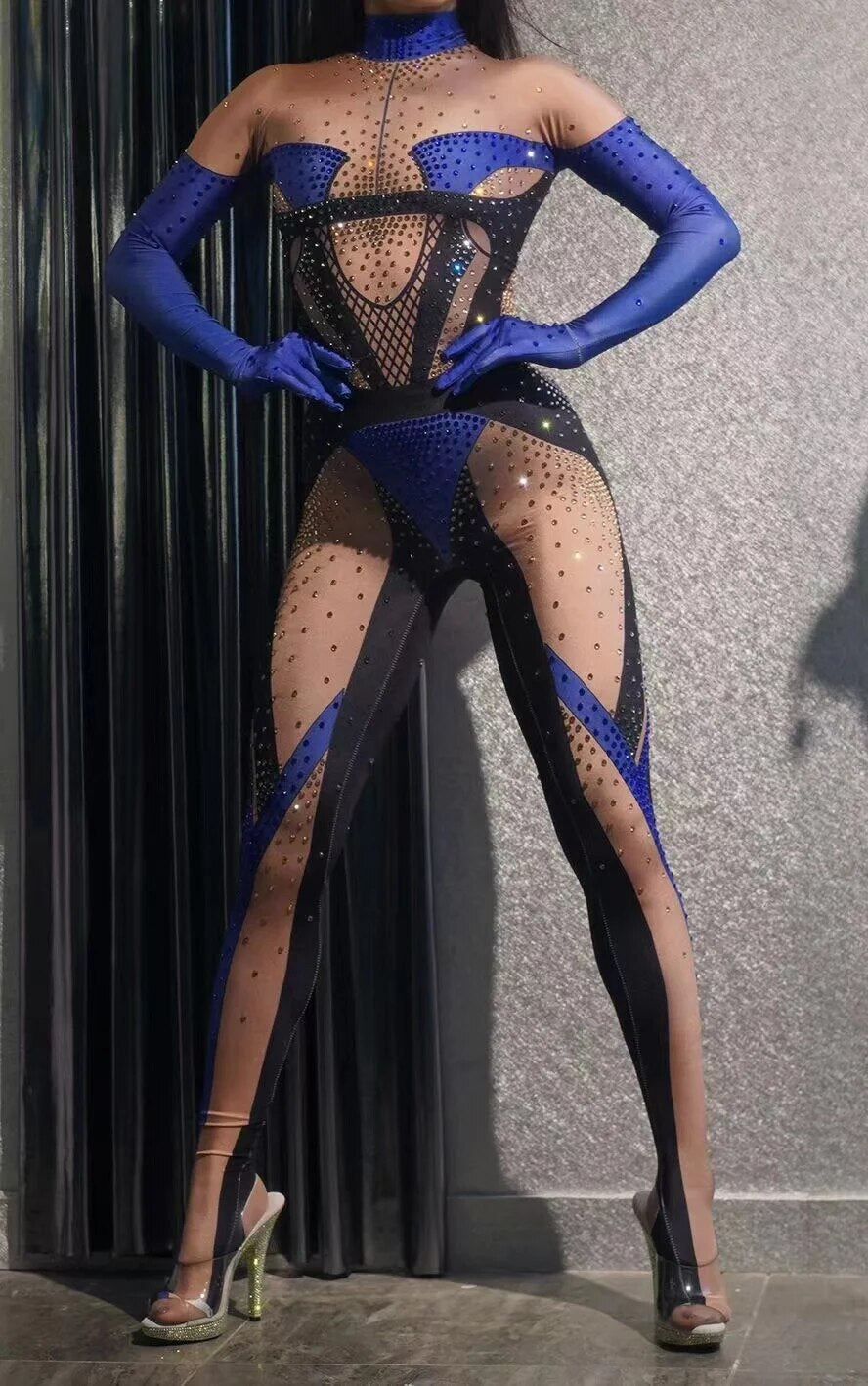 New Fashion Unitard Rhinestones Stretch Jumpsuit Evening Birthday Celebrate Outfit Sexy Dancer Performance Club Host Jumpsuit