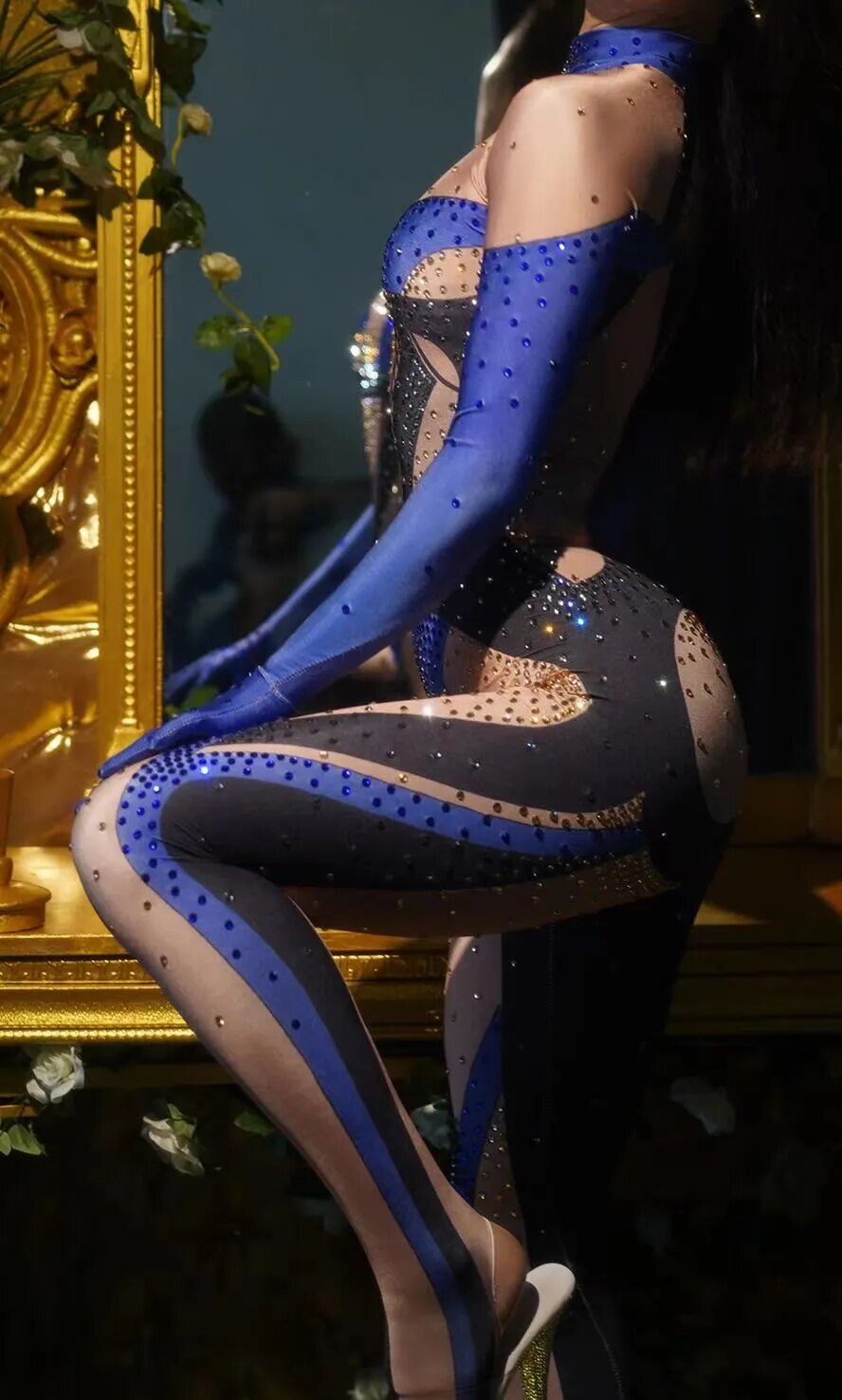 New Fashion Unitard Rhinestones Stretch Jumpsuit Evening Birthday Celebrate Outfit Sexy Dancer Performance Club Host Jumpsuit