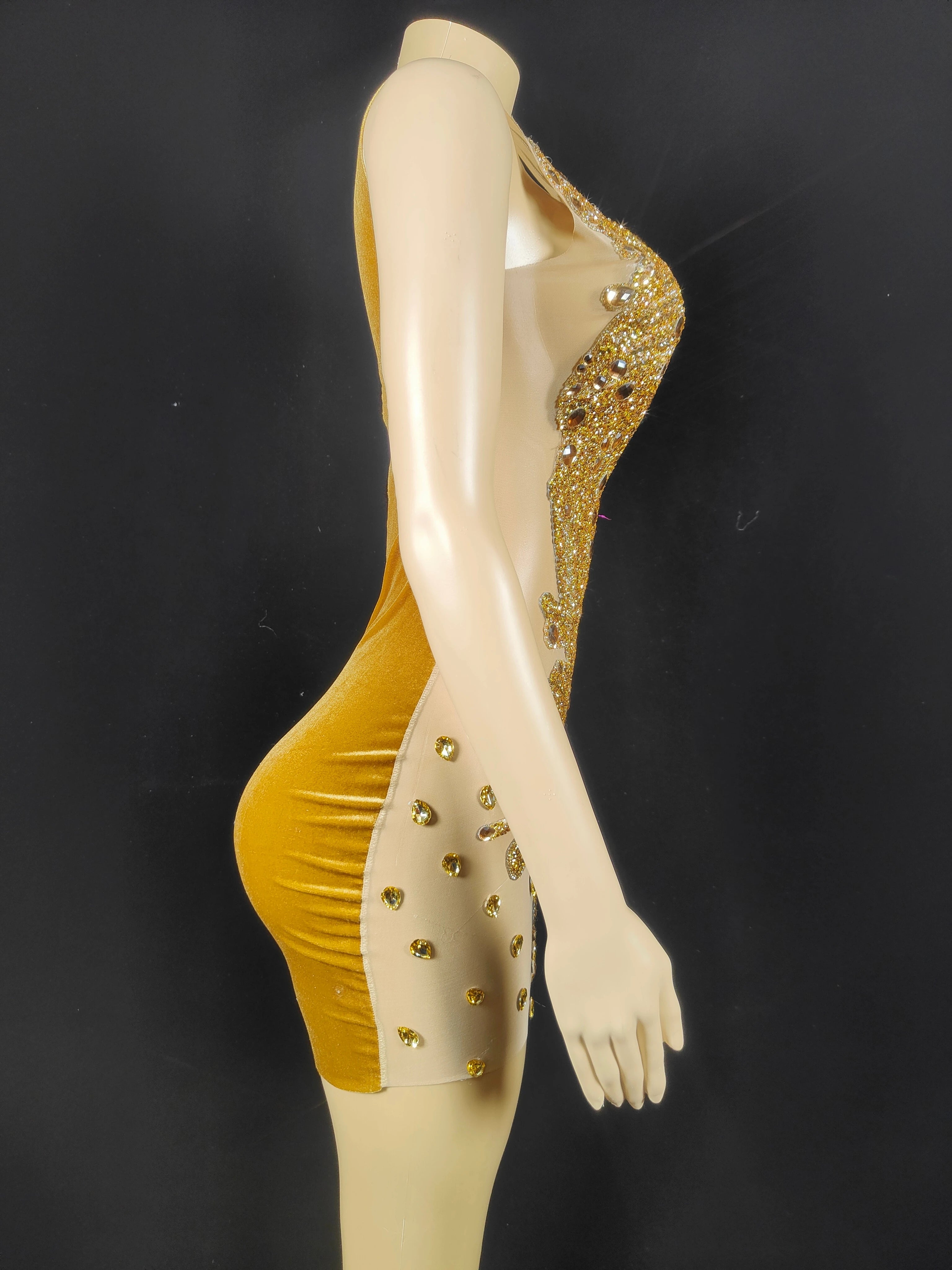 Gold Rhinestones Velvet Mini Dress Crystals Outfit  Birthday Celebrate Sexy Stage Costume Performance Dancer