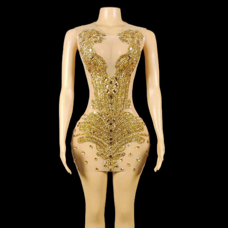 Gold Rhinestones Velvet Mini Dress Crystals Outfit  Birthday Celebrate Sexy Stage Costume Performance Dancer