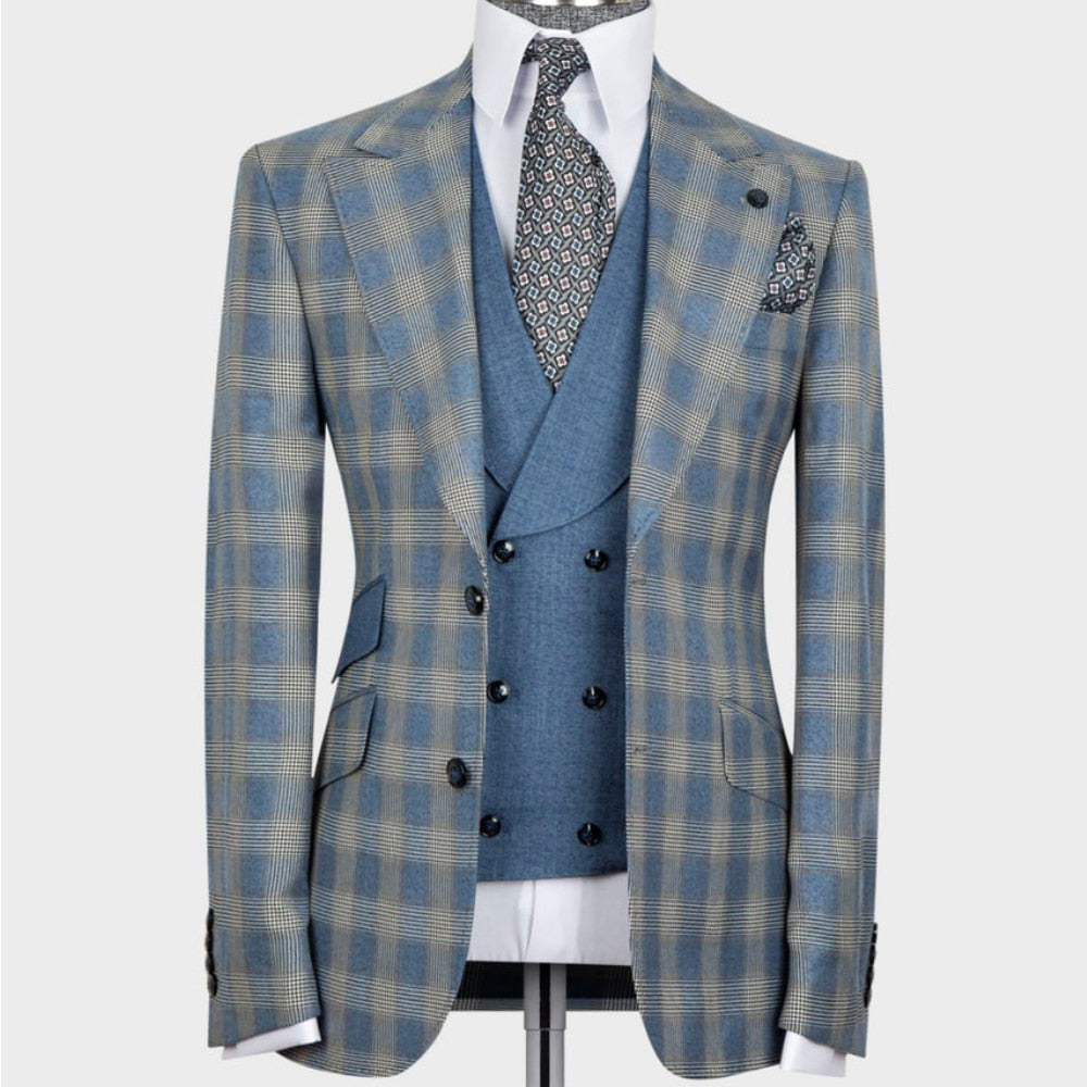 Blue Plaid Men Suits for Wedding Groom Tuxedo Checked 3 Pieces Jacket Vest Pants Formal Business Party Blazer