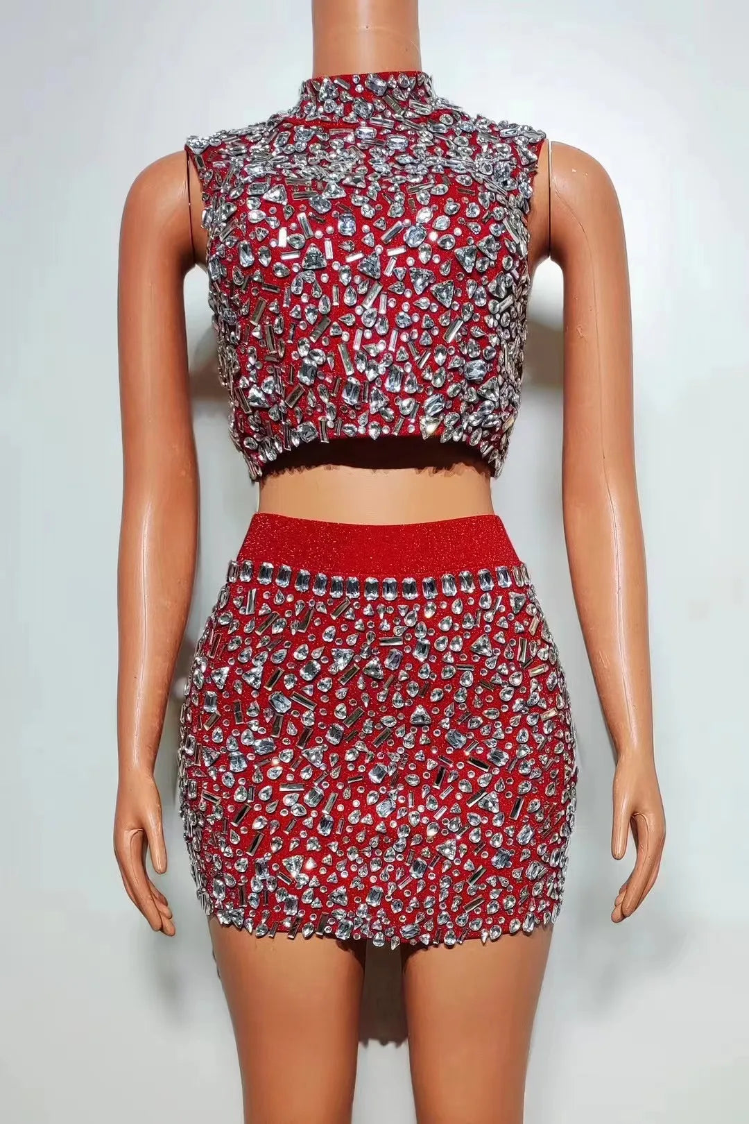 Luxurious Rhinestones Celebrate Evening Birthday Dress Crystals Top Short Skirt Two Pieces Set Performance Photoshoot Wear