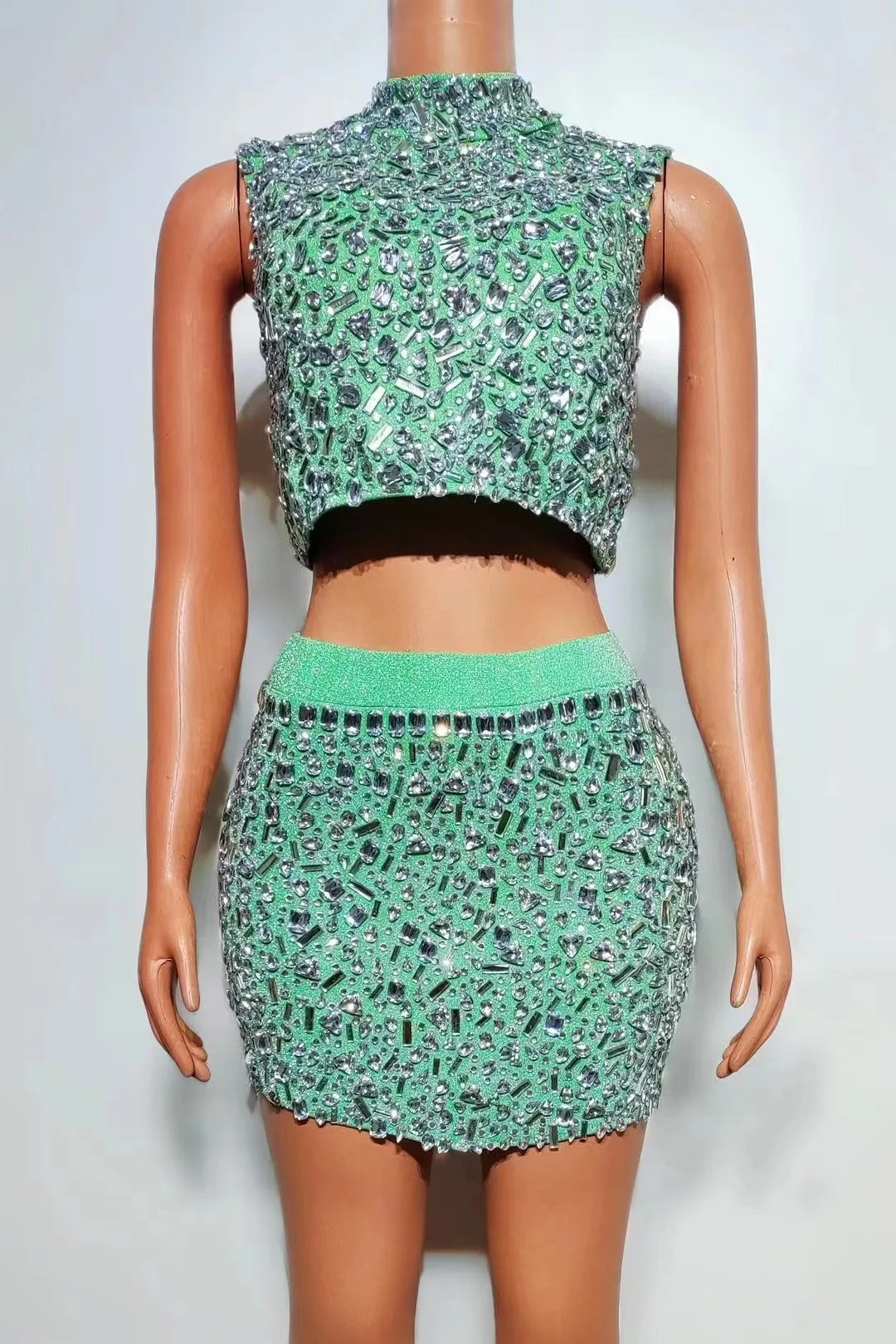 Luxurious Rhinestones Celebrate Evening Birthday Dress Crystals Top Short Skirt Two Pieces Set Performance Photoshoot Wear