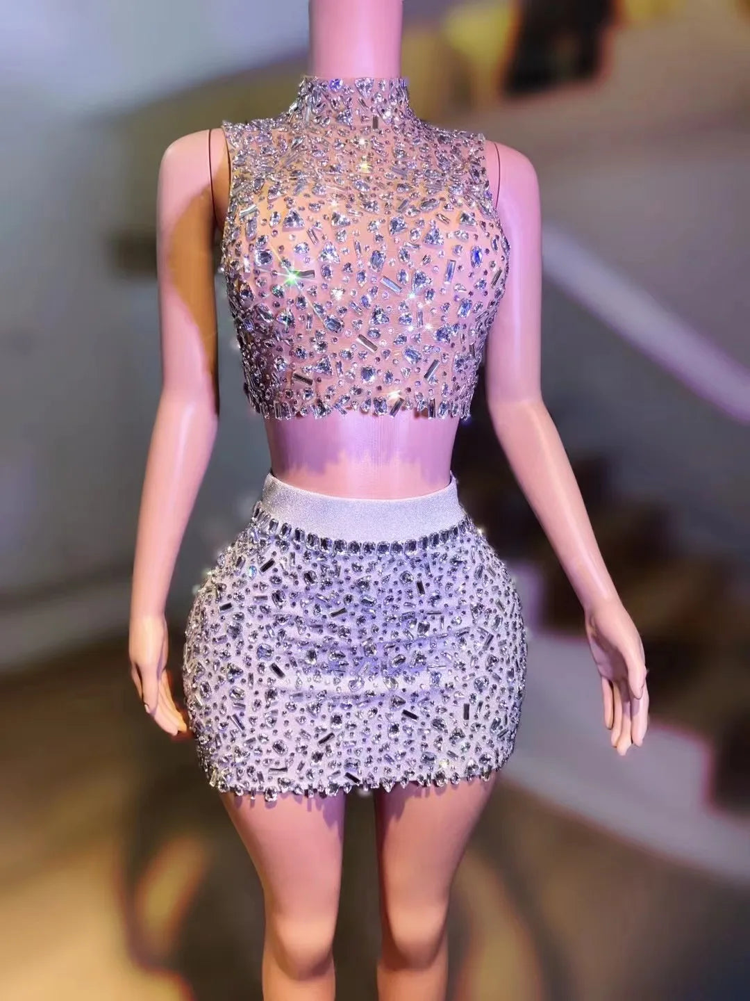 Luxurious Rhinestones Celebrate Evening Birthday Dress Crystals Top Short Skirt Two Pieces Set Performance Photoshoot Wear