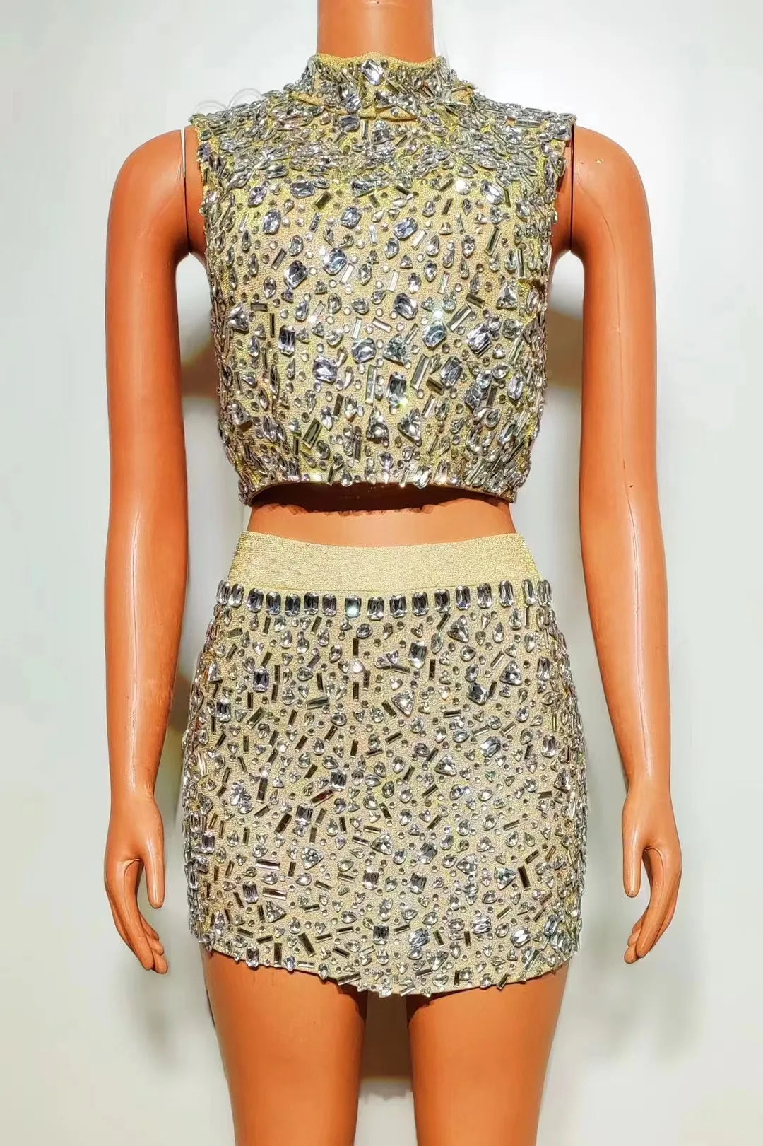 Luxurious Rhinestones Celebrate Evening Birthday Dress Crystals Top Short Skirt Two Pieces Set Performance Photoshoot Wear