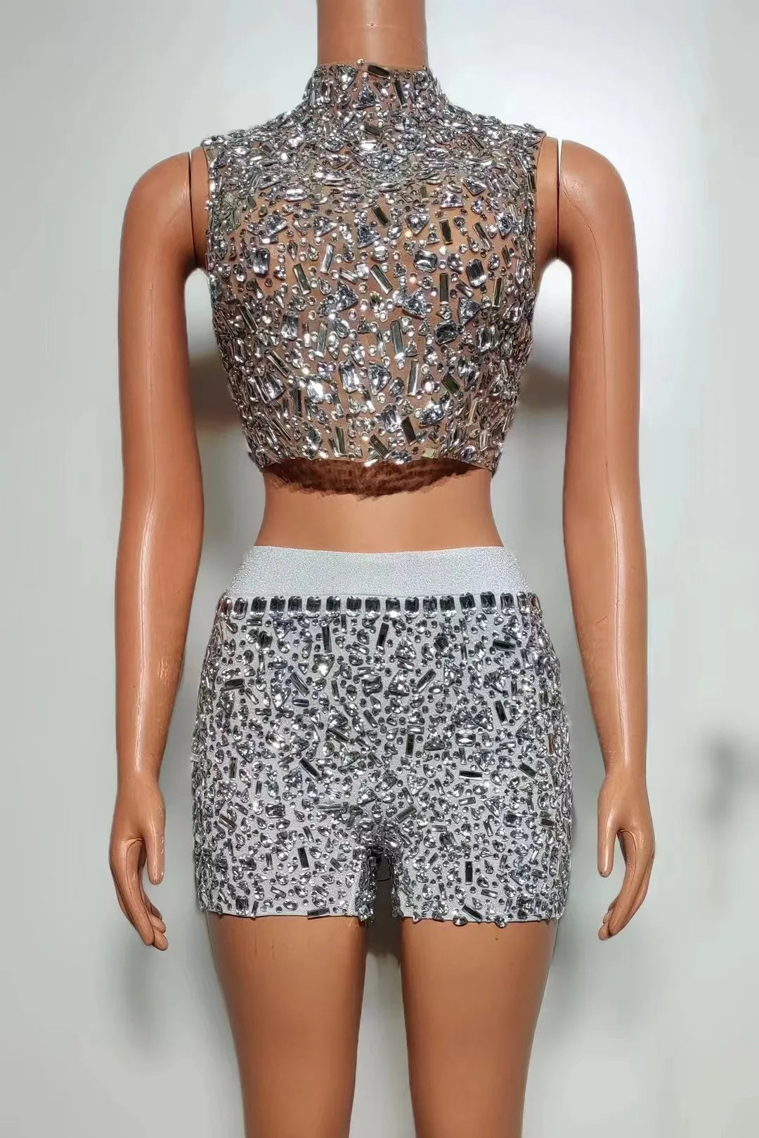 Luxurious Rhinestones Celebrate Evening Birthday Dress Crystals Top Short Skirt Two Pieces Set Performance Photoshoot Wear