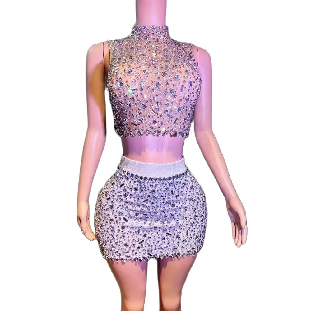 Luxurious Rhinestones Celebrate Evening Birthday Dress Crystals Top Short Skirt Two Pieces Set Performance Photoshoot Wear
